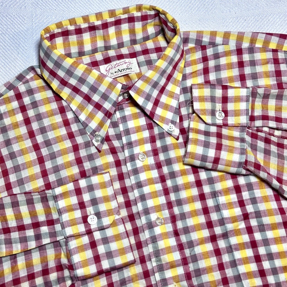 Vintage 60s 70s Arrow Getaway Button Up Shirt Mens‎ 17-33 Check Plaid Red Yellow